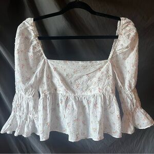 Storia Womens Size S White Floral Babydoll Crop Top Puffy Sleeves